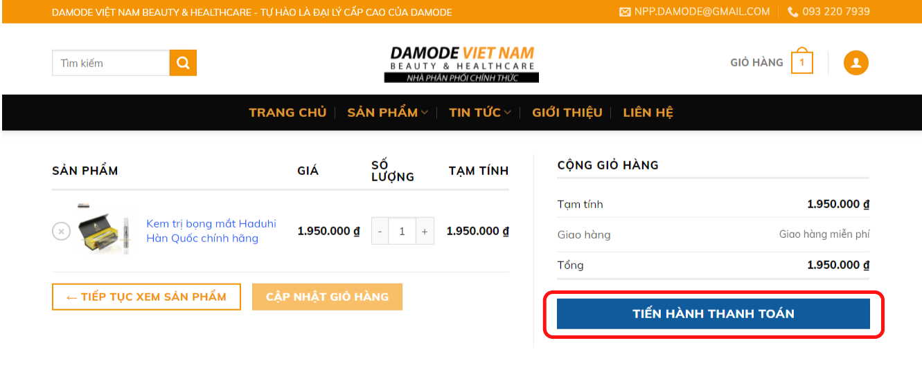Bước 2: Kem Haduhi mua ở website Damode Việt Nam
